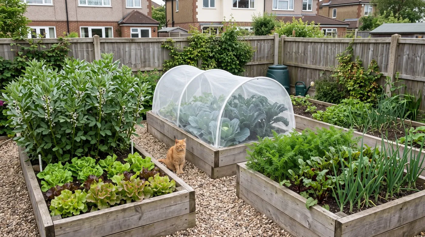 Three raised veg beds with broad beans, netted cabbages and kale, and carrots with onions, a cat on the path
