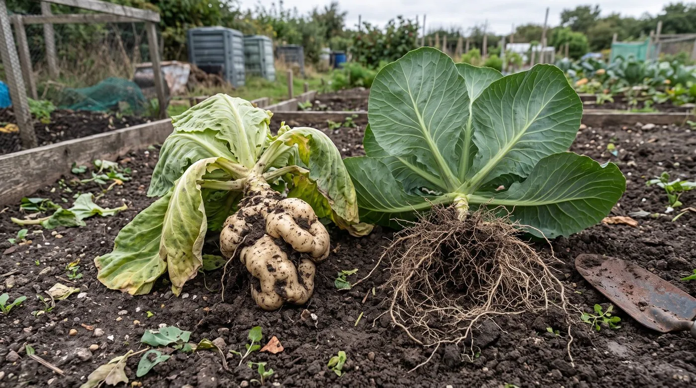 Cabbage with swollen, knobbly clubroot galls on its roots beside a healthy plant with fine roots