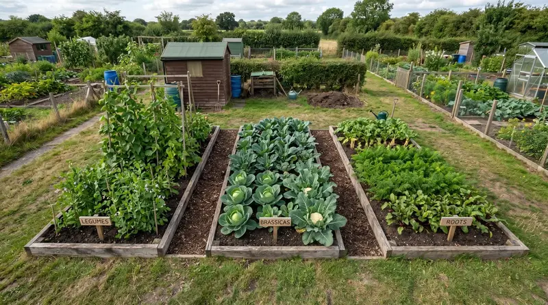 A UK allotment from above showing three clearly defined vegetable beds in a 3-year rotation: legumes, brassicas