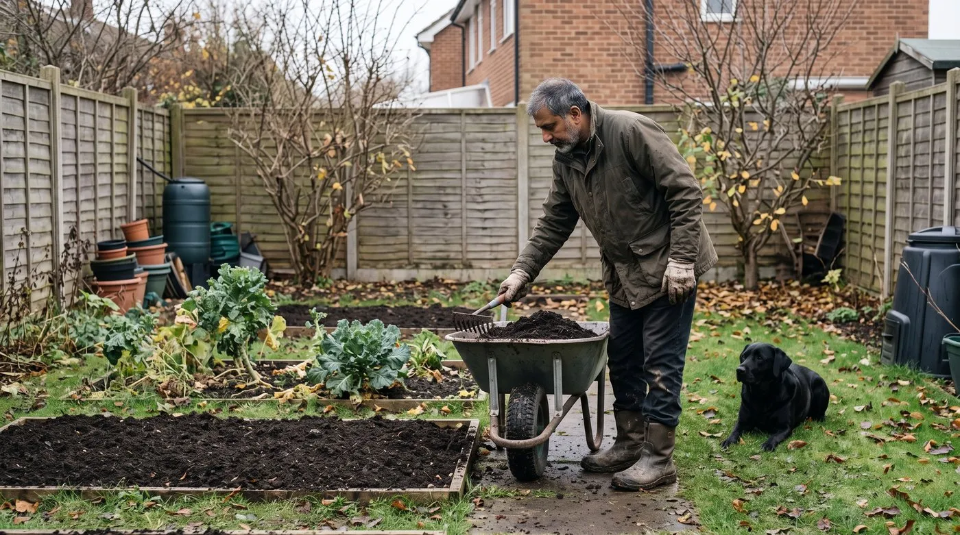 Gardener spreading compost over no-dig vegetable beds in autumn while a black Labrador watches from the path