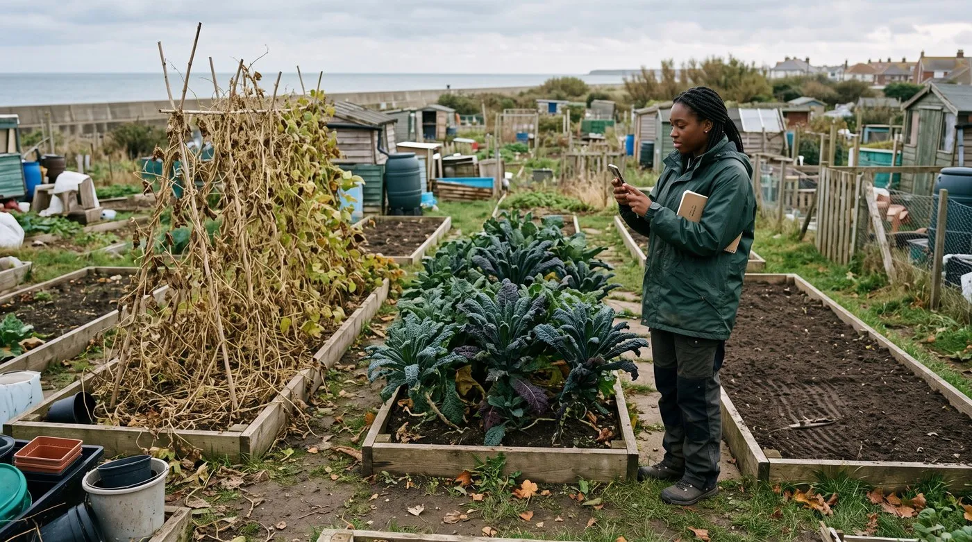 Allotment holder photographing three rotation beds in autumn to record what grew where