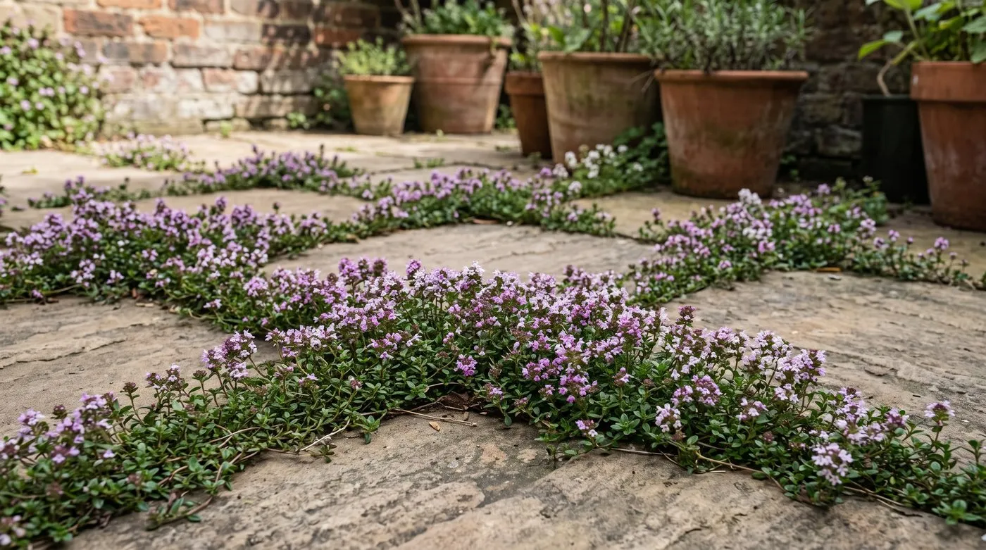 Creeping thyme in purple and white flower filling the gaps between paving slabs
