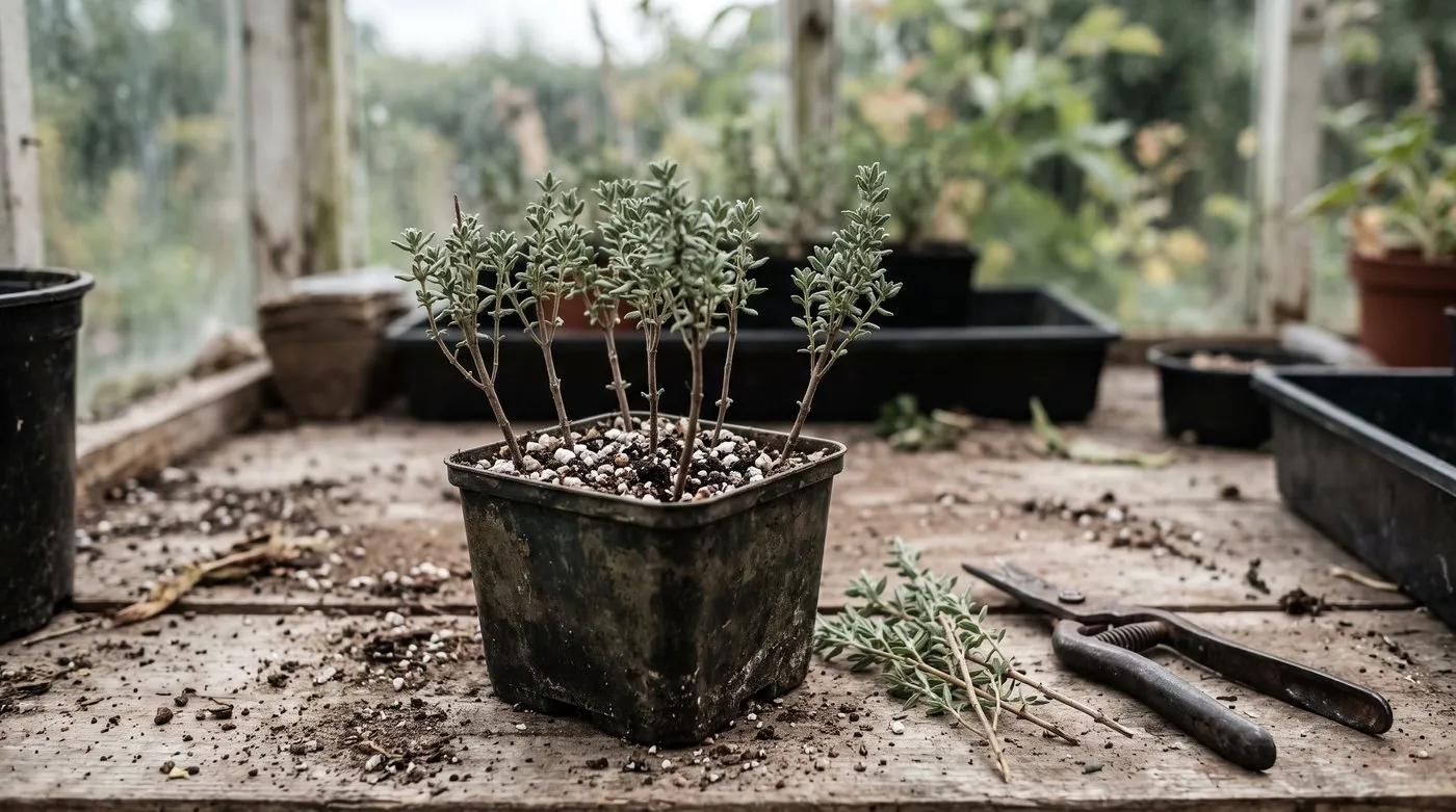 Thyme cuttings with lower leaves stripped, pushed into a pot of perlite and compost
