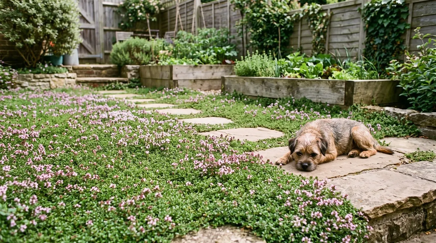 Small creeping thyme lawn in flower with stepping stones and a terrier resting nearby