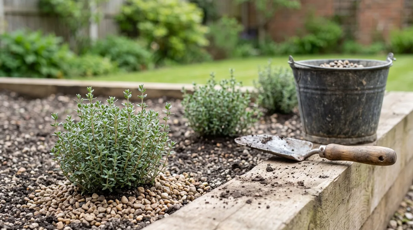 Newly planted common thyme in gritty soil with a gravel mulch in a sunny raised bed