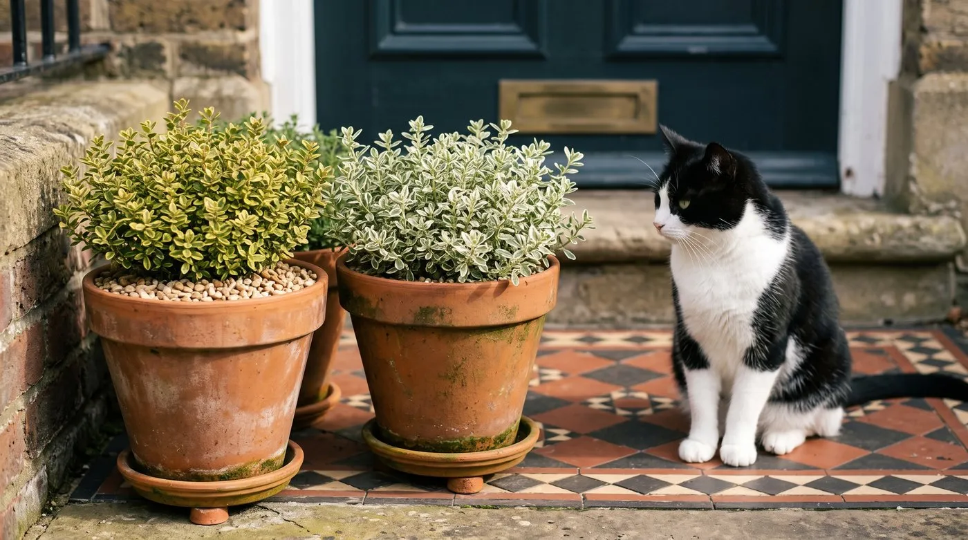 Pots of lemon and silver thyme topped with gravel on a sunny doorstep beside a cat