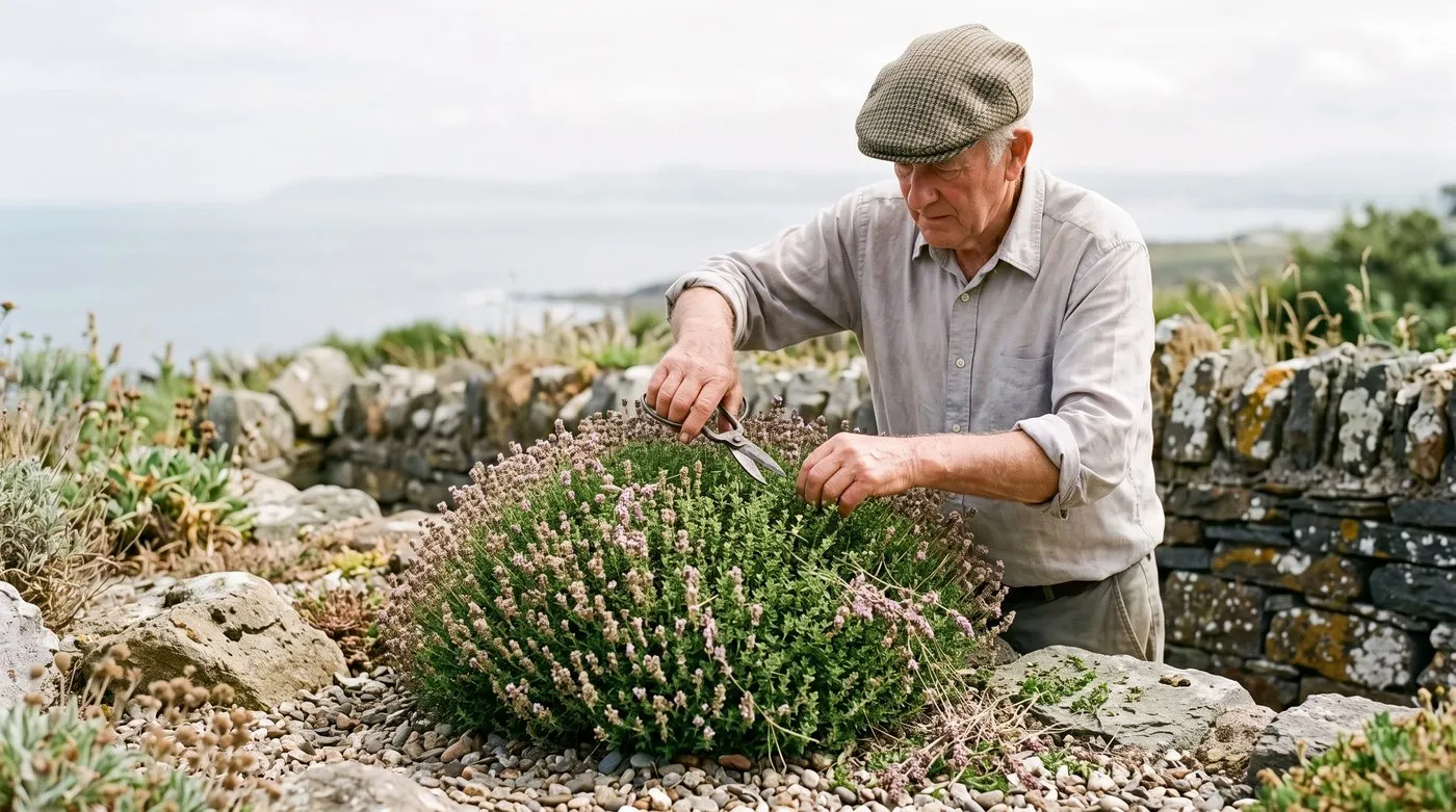 Older gardener trimming common thyme by a third after flowering in a seaside rockery