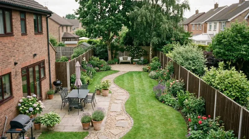 High-angle view of a long narrow UK garden split into three zones with a patio, lawn and rear seating area