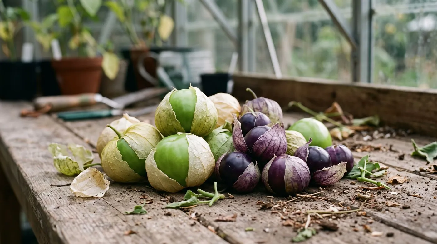 Green and purple tomatillos in their papery husks on a potting bench