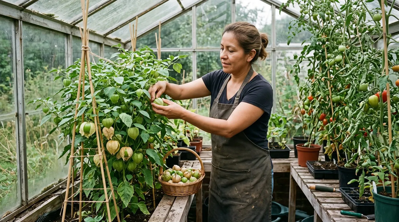 Gardener picking green tomatillos with split papery husks in a greenhouse