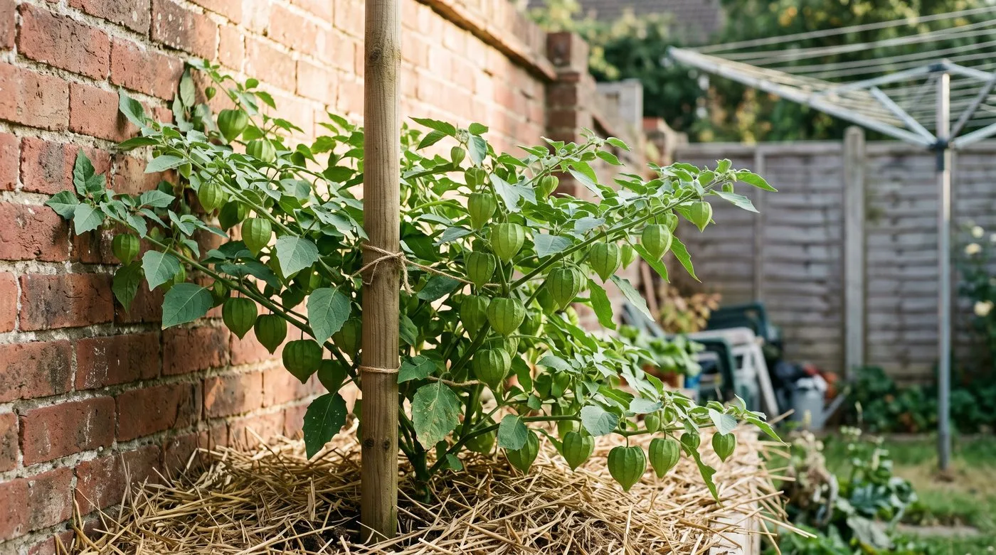 Staked tomatillo plant with papery husks growing outdoors against a sunny brick wall