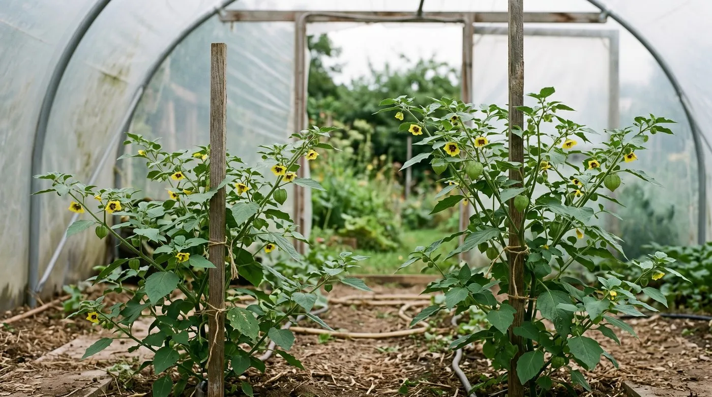 Two flowering tomatillo plants growing side by side in a polytunnel