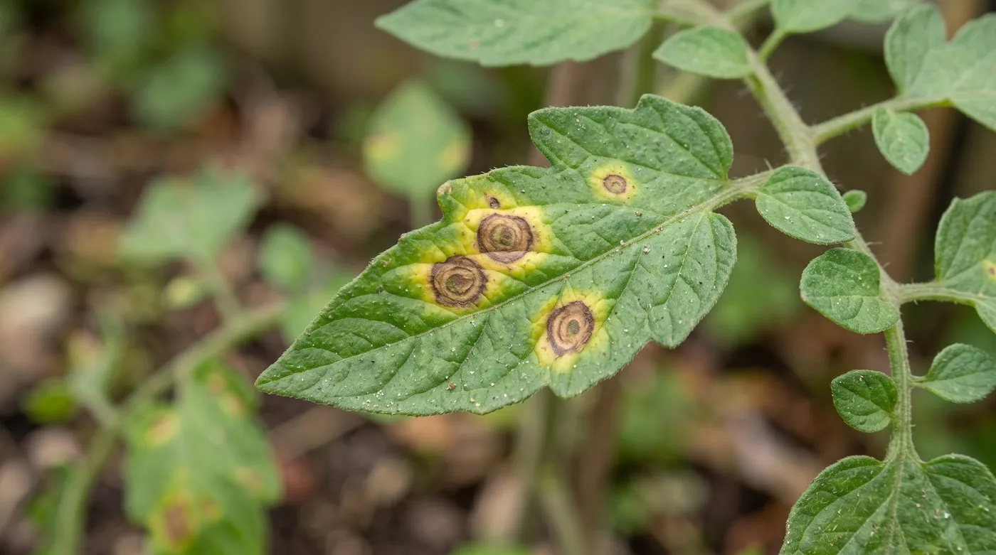 Early blight on a lower tomato leaf with brown ringed target spots and yellow halos