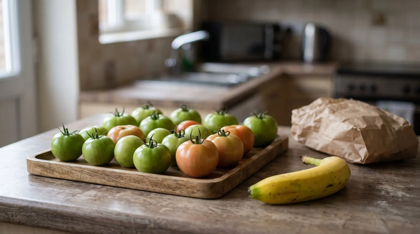 Green tomatoes from blighted plants ripening in a single layer indoors beside a ripe banana