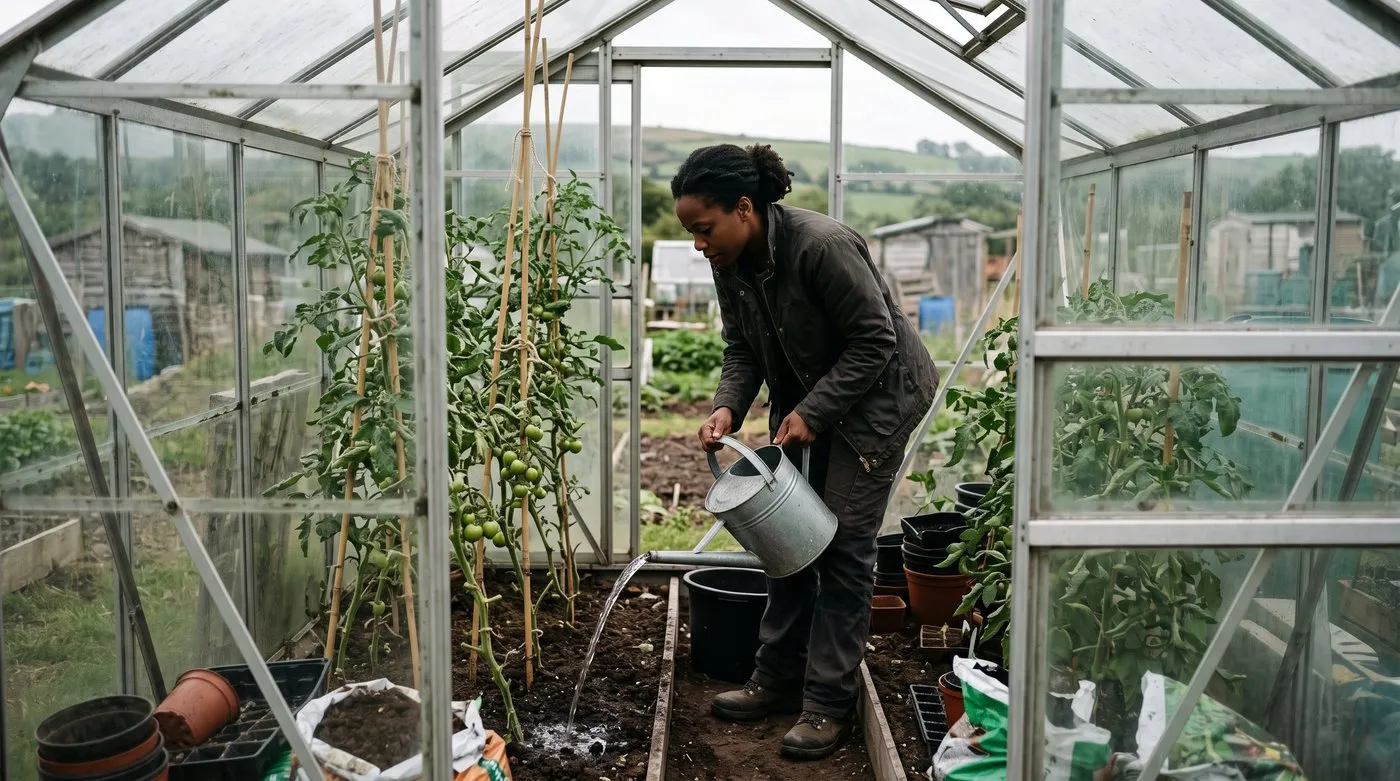 Woman watering greenhouse tomato plants at the base to help prevent tomato blight