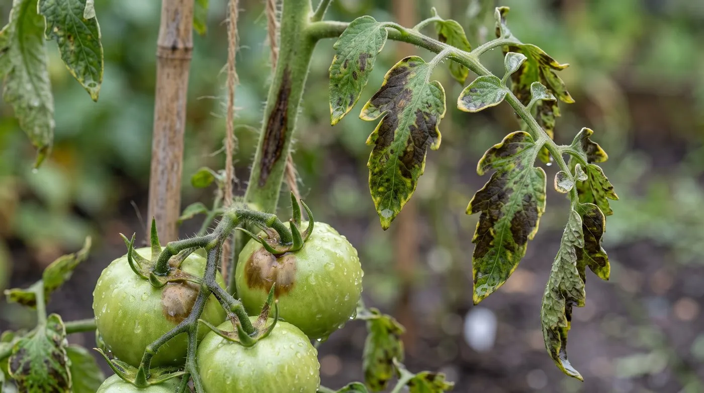 Tomato blight on an outdoor plant with dark leaf patches, a brown stem streak and a browning green fruit