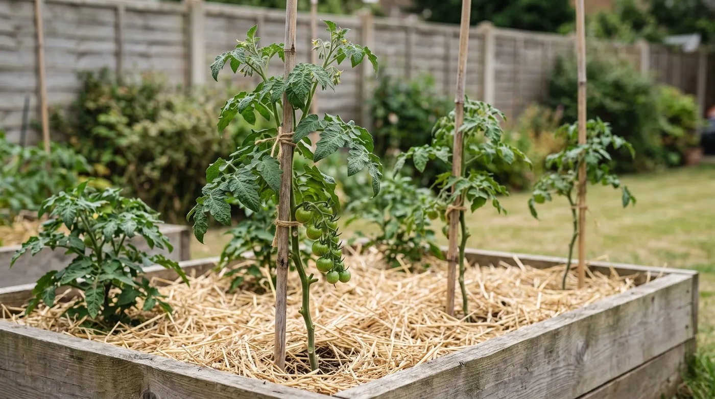 Outdoor tomato plants with lower leaves removed and straw mulch on the soil to reduce blight