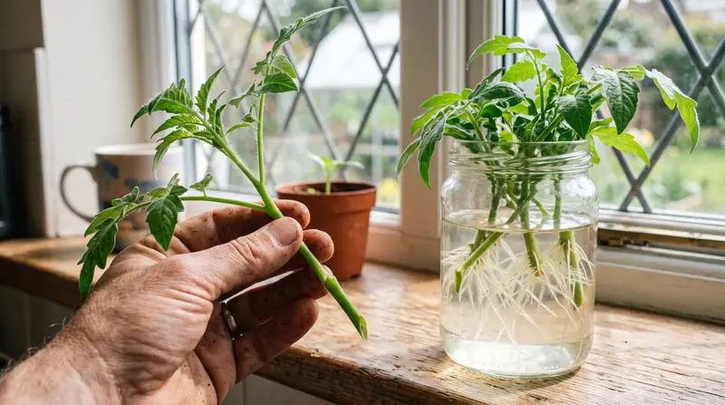 Tomato sideshoot cutting held by hand beside a jar of cuttings rooting in water on a UK windowsill