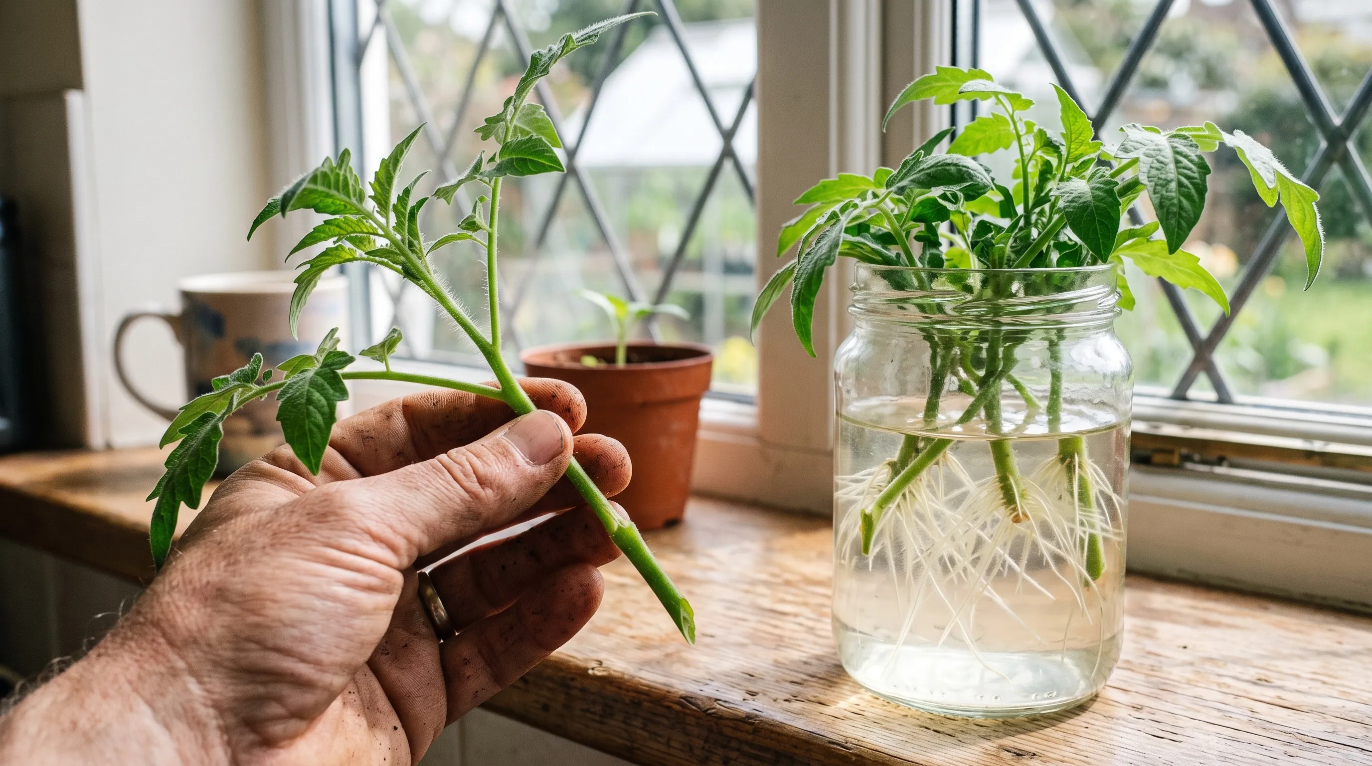 Tomato sideshoot cutting held by hand beside a jar of cuttings rooting in water on a UK windowsill