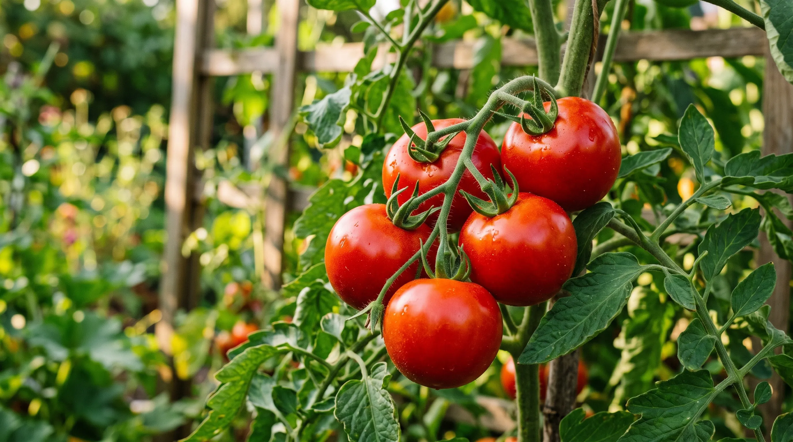 A cluster of glossy ripe red tomatoes on a healthy vine grown from a cutting in late summer