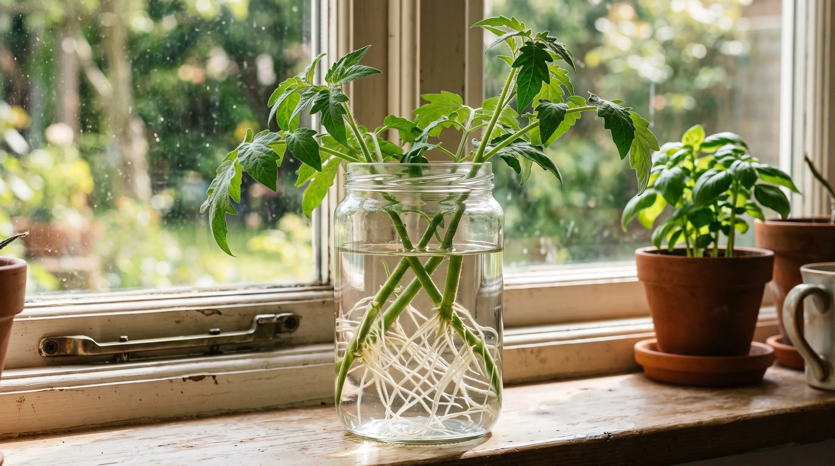 Tomato sideshoot cuttings rooting in a glass jar of water on a sunny windowsill, white roots visible