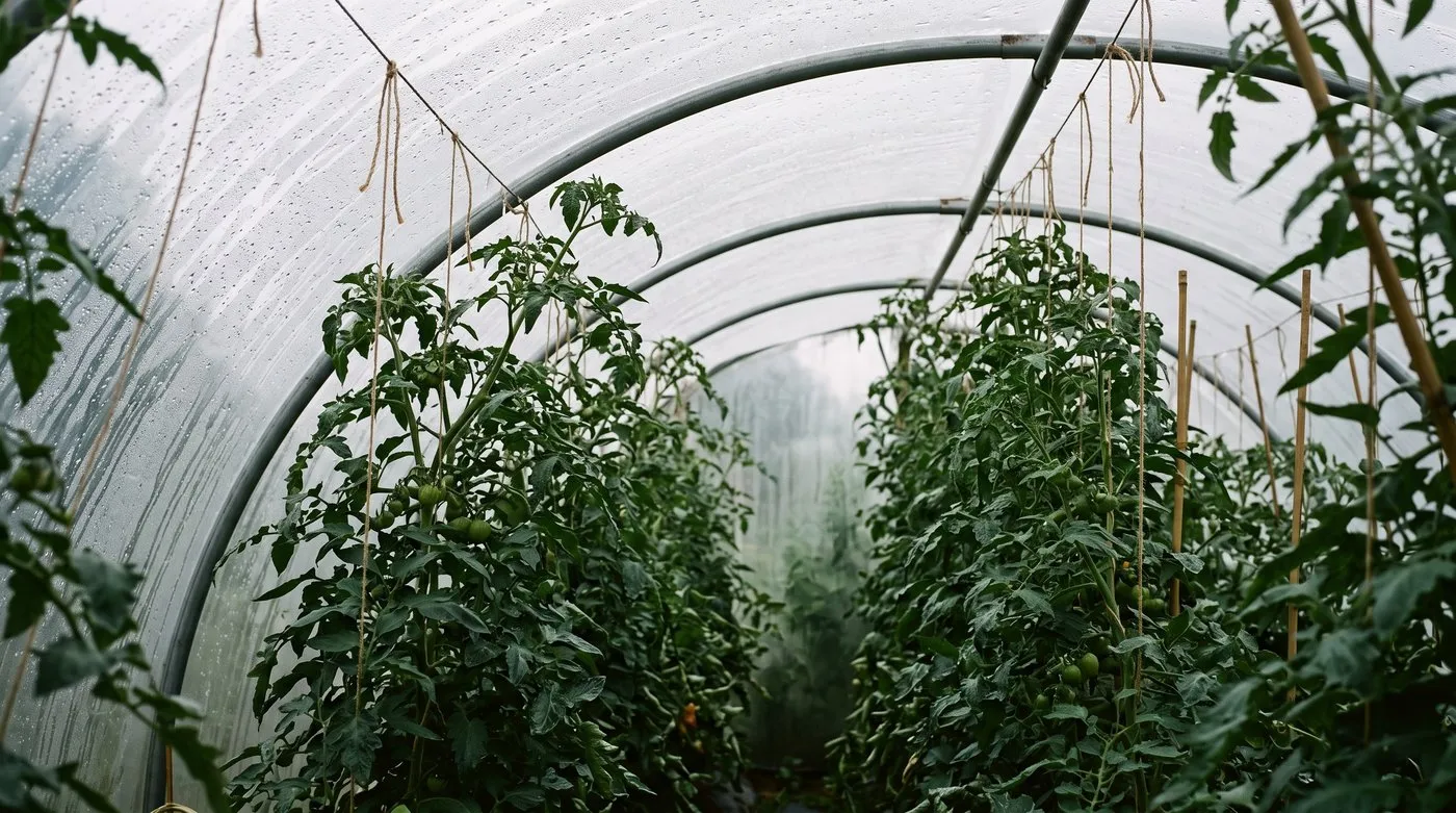 Condensation on a polytunnel roof dripping onto wet tomato leaves on a cool morning
