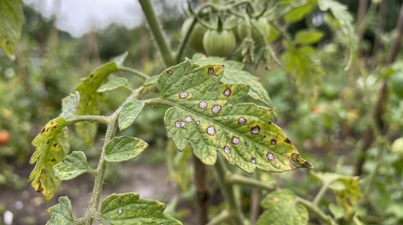 Tomato leaf with small round septoria spots that have grey centres, dark edges and tiny black dots