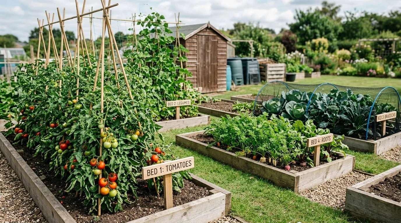 Vegetable patch with four-bed crop rotation layout showing tomatoes rotated away from previous year's bed UK allotment