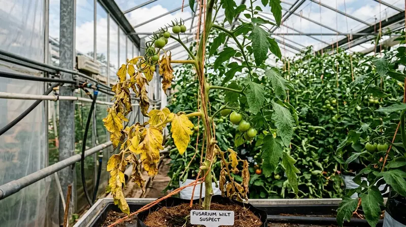 Tomato Fusarium wilt UK greenhouse plant with asymmetric yellowing leaves