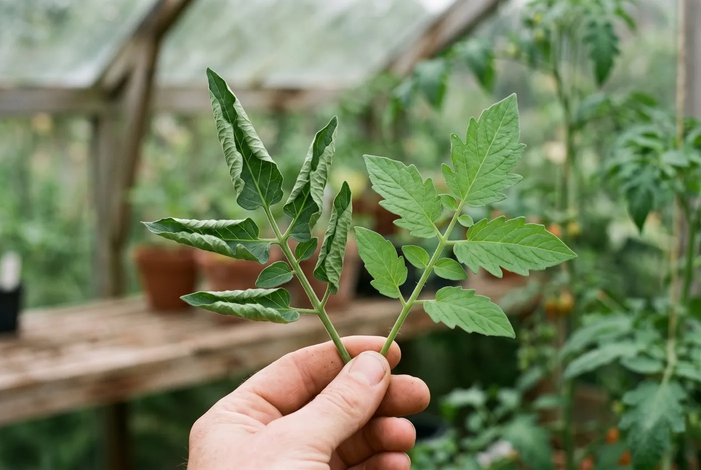 Diagram-style comparison of tomato leaves curling upward versus cupping downward, shown side by side on an allotment plot