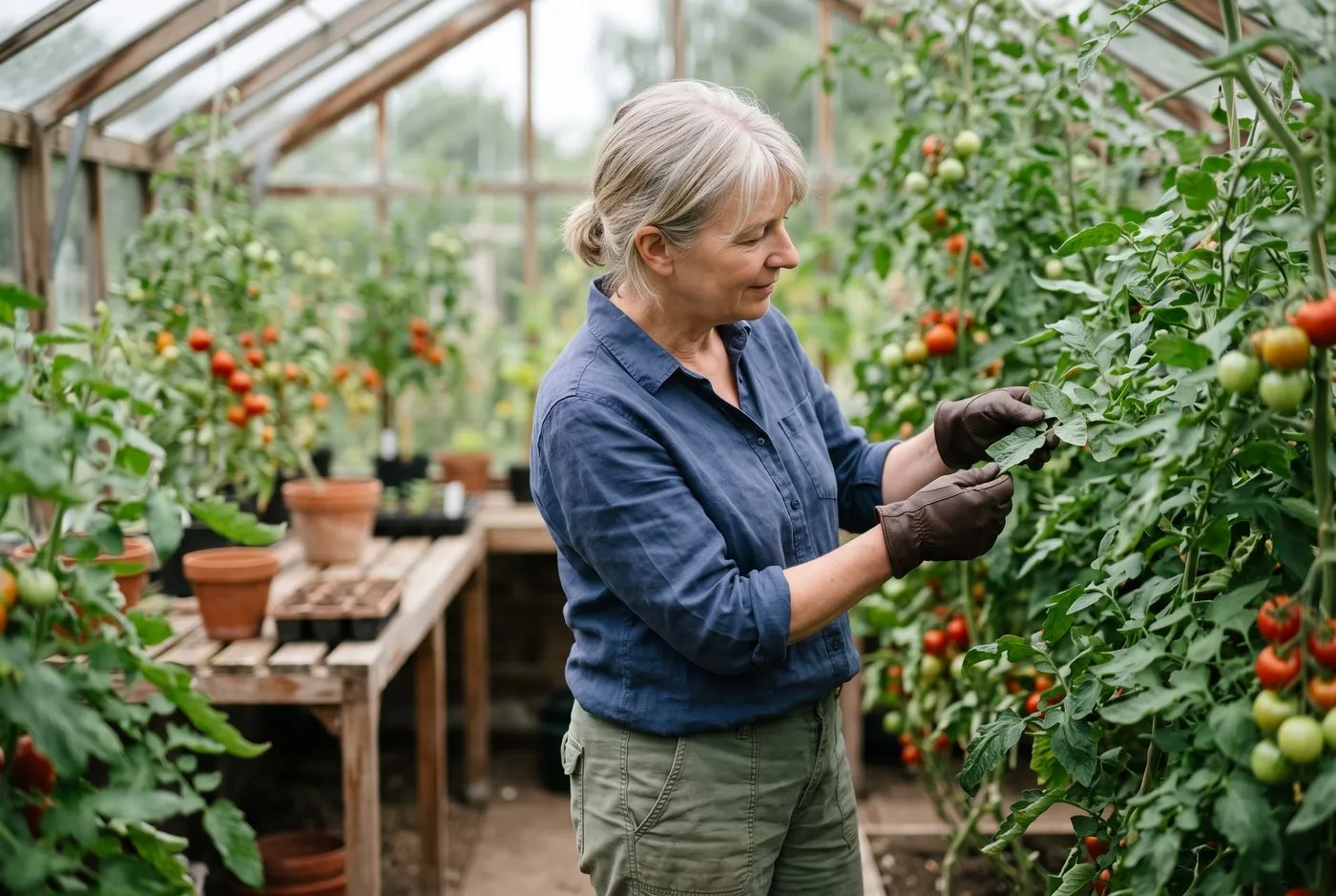 Inside a suburban greenhouse a woman in her fifties inspects curled tomato leaves, turning a rolled leaf in her hands