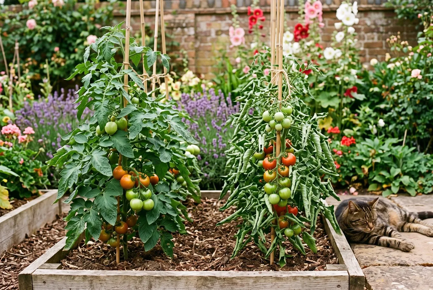 Two tomato plants side by side, one with healthy flat leaves and one with rolled leaves, in a Midlands cottage garden veg bed