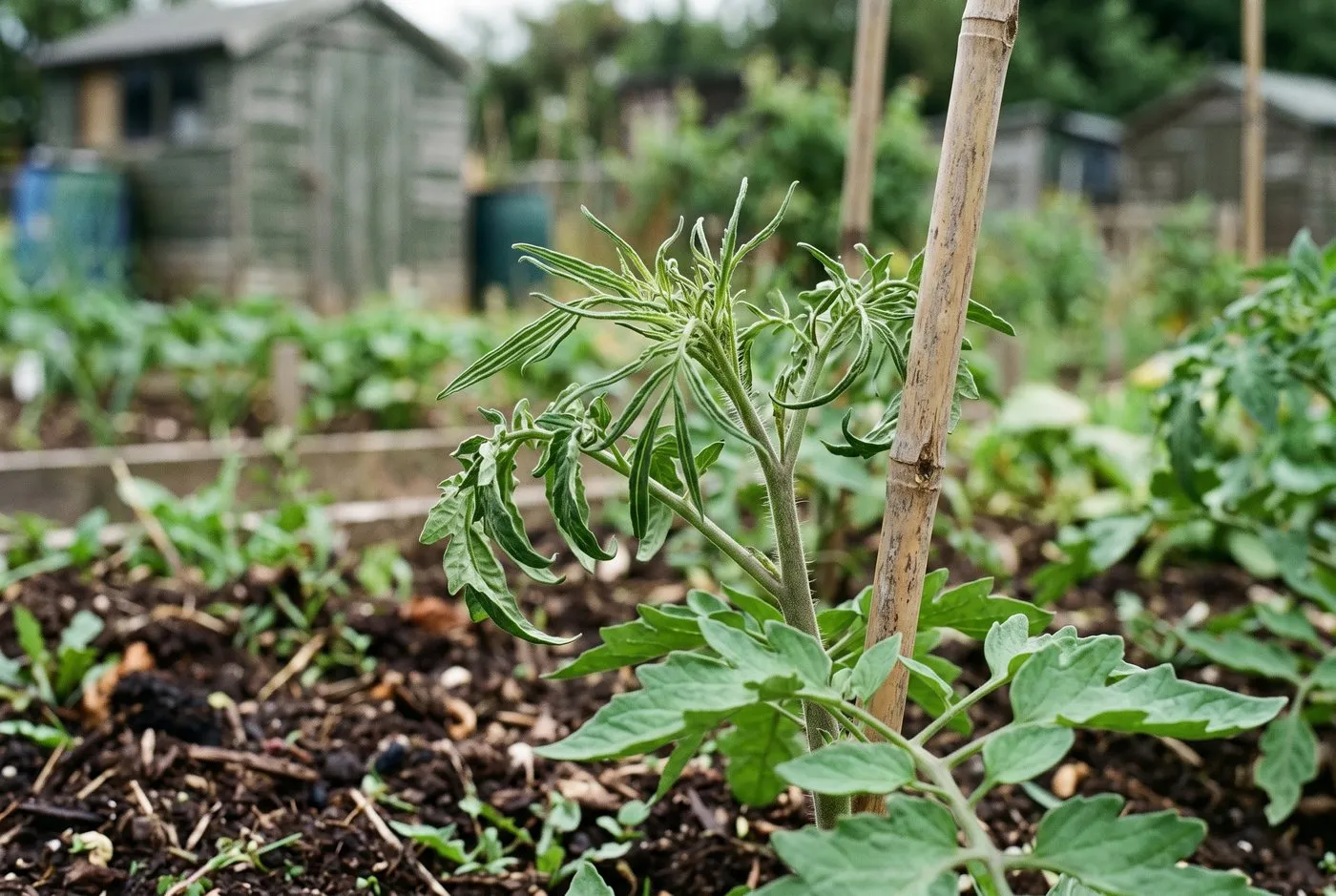 Tomato plant showing downward-cupping fan-shaped leaf distortion from aminopyralid herbicide damage on an allotment plot