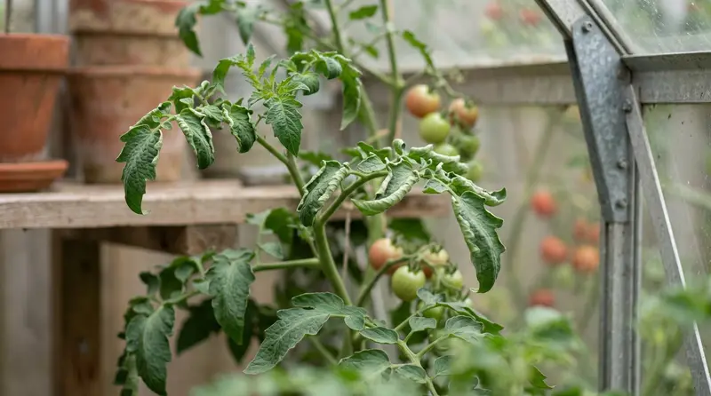Tomato leaves curling upward on a greenhouse cordon plant in a UK garden, lower leaves rolled but fruit healthy