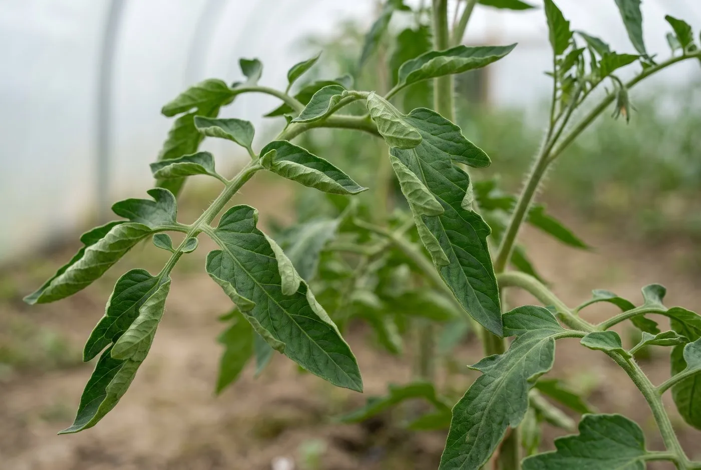 Close-up of tomato leaves showing harmless upward physiological leaf roll on lower foliage in a UK polytunnel