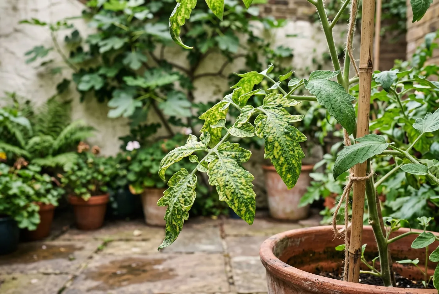 Tomato leaves showing yellow-green mosaic mottling and puckering from virus in a city courtyard container garden