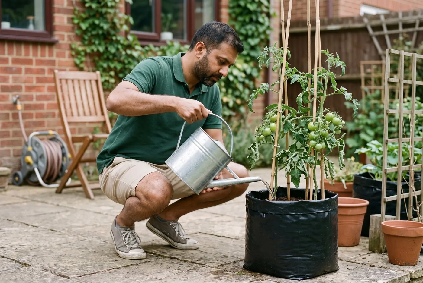 A British Indian man watering a growbag of tomato plants with a watering can on a suburban patio in summer