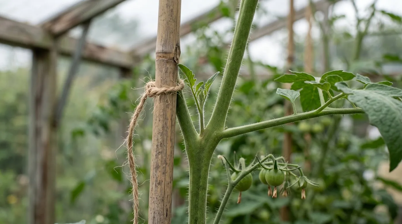 Small side-shoot growing in the leaf joint of a cordon tomato plant tied to a cane in a UK greenhouse