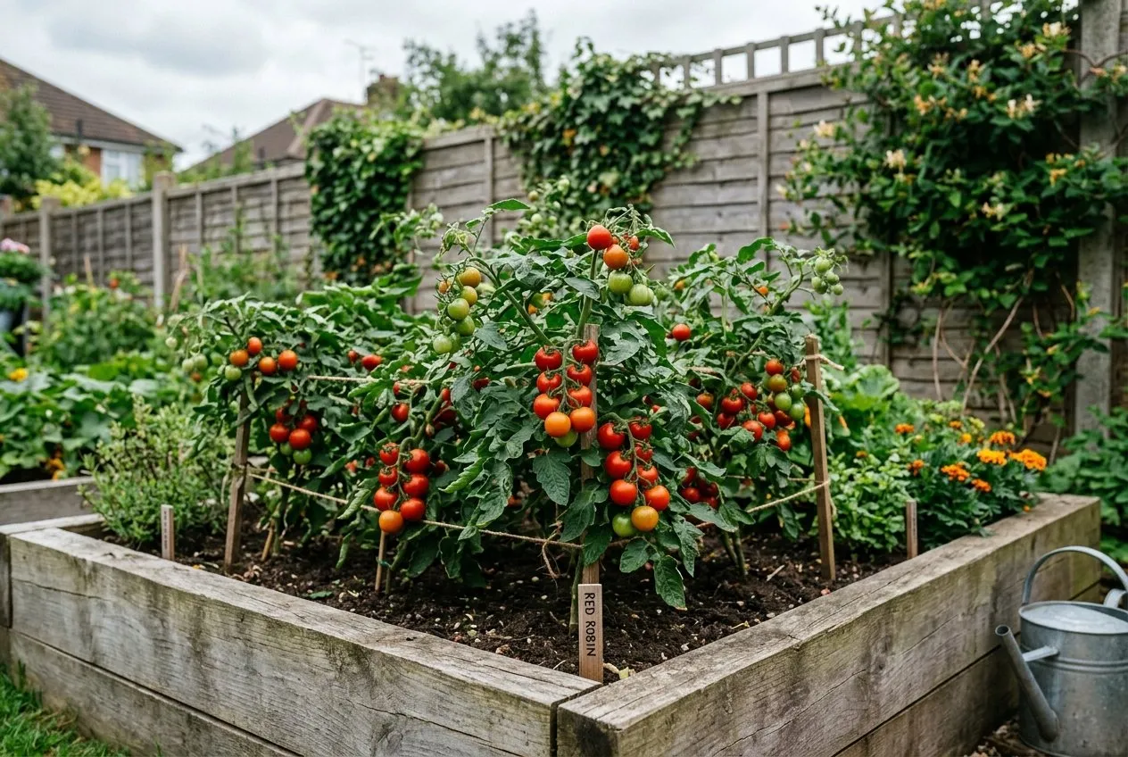 Best tomato varieties UK outdoor bush types ripening in containers on a UK garden patio