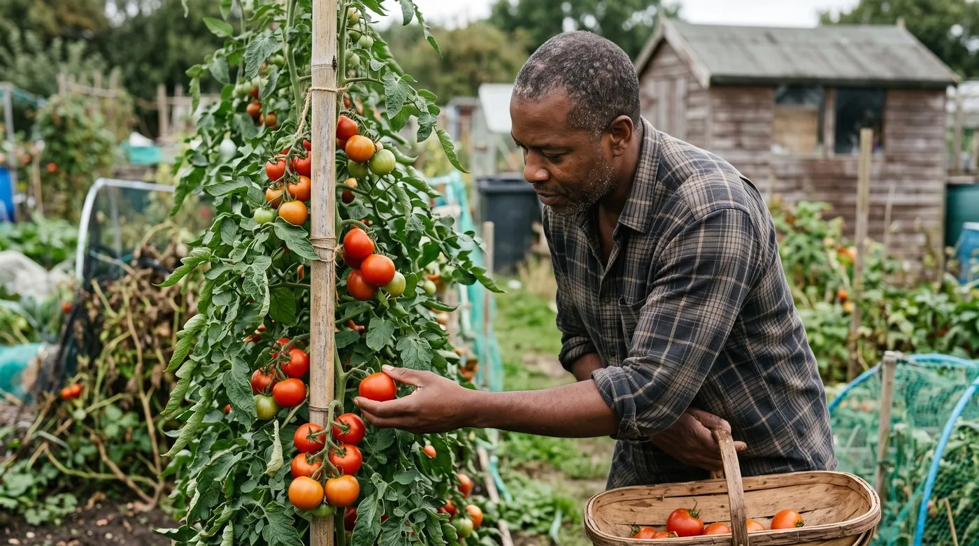Man picking ripe red tomatoes from a healthy blight-resistant outdoor cordon tomato on a UK allotment