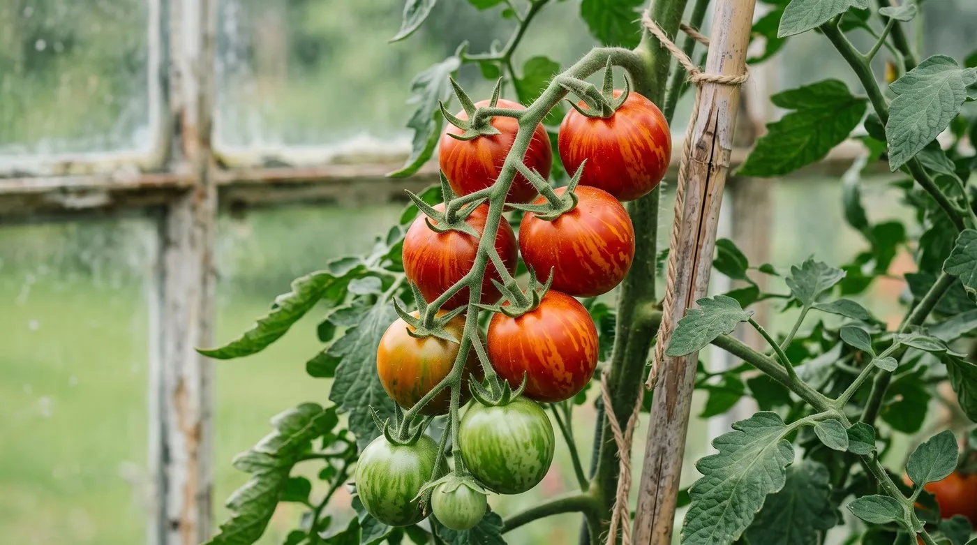 Truss of Tigerella tomatoes, red with orange-yellow stripes, ripening on the vine in a UK greenhouse