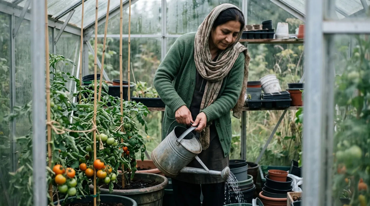Woman watering the compost at the base of tomato plants in pots inside a UK greenhouse