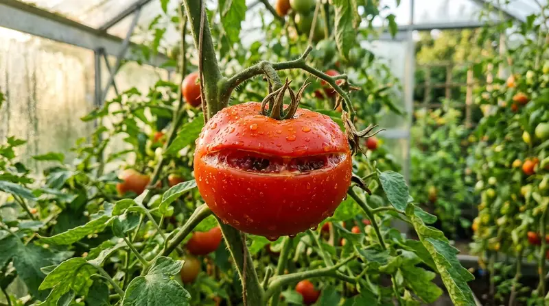 Ripe red tomato on the vine in a UK greenhouse with a clear radial split across the shoulders