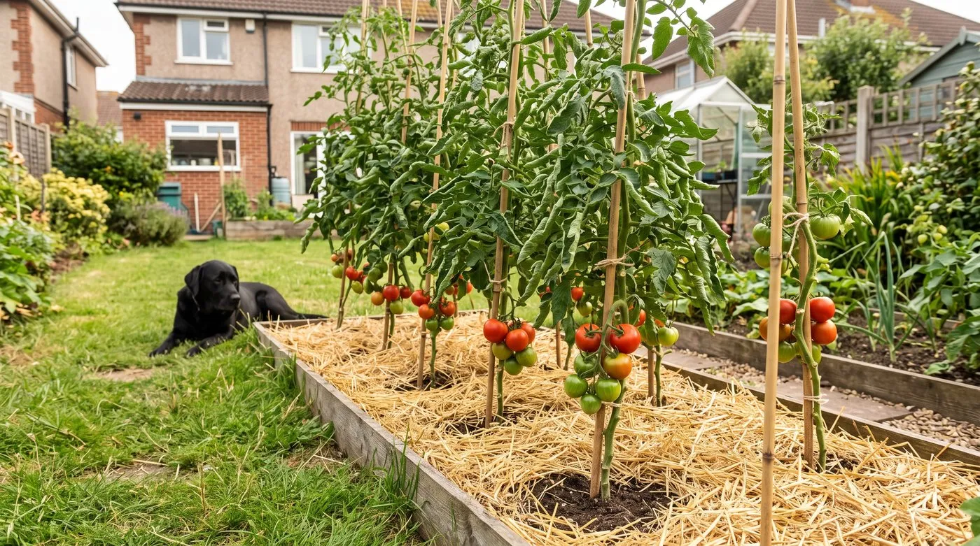 Outdoor tomato plants on canes with a layer of straw mulch around their bases and a dog on the lawn nearby