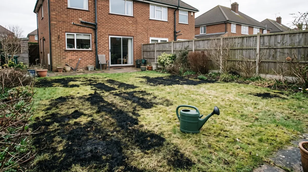 Back garden lawn with black scorched patches and stripes after too much iron sulphate