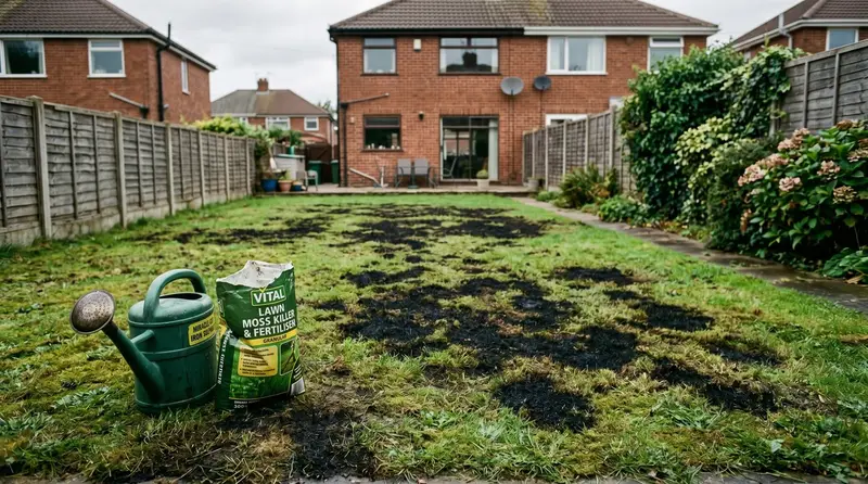 Blackened scorch patches across a UK lawn after too much iron sulphate was applied