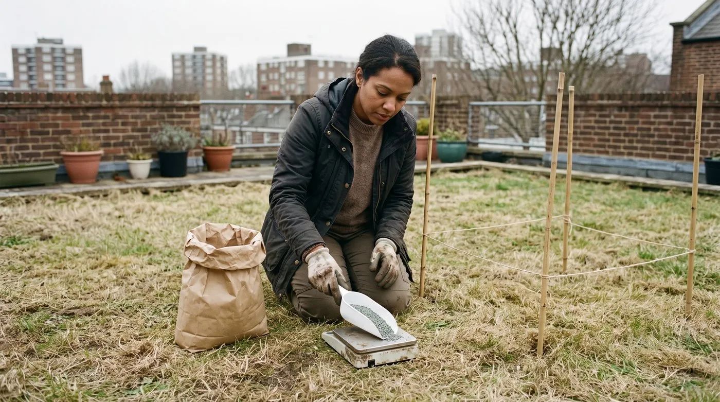 Gardener weighing iron sulphate granules on kitchen scales beside a square metre marked with canes