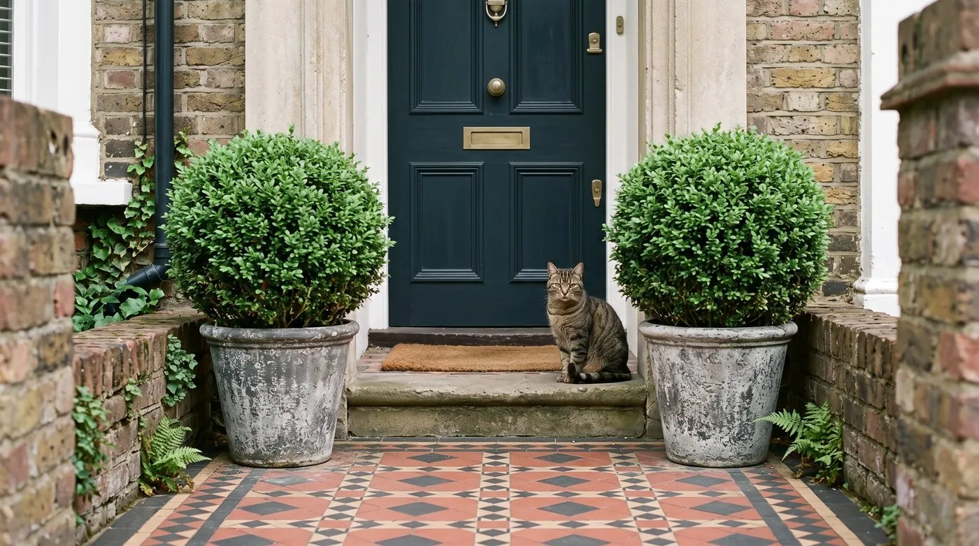 Two clipped box balls in pots either side of a terraced house front door, with a tabby cat on the step
