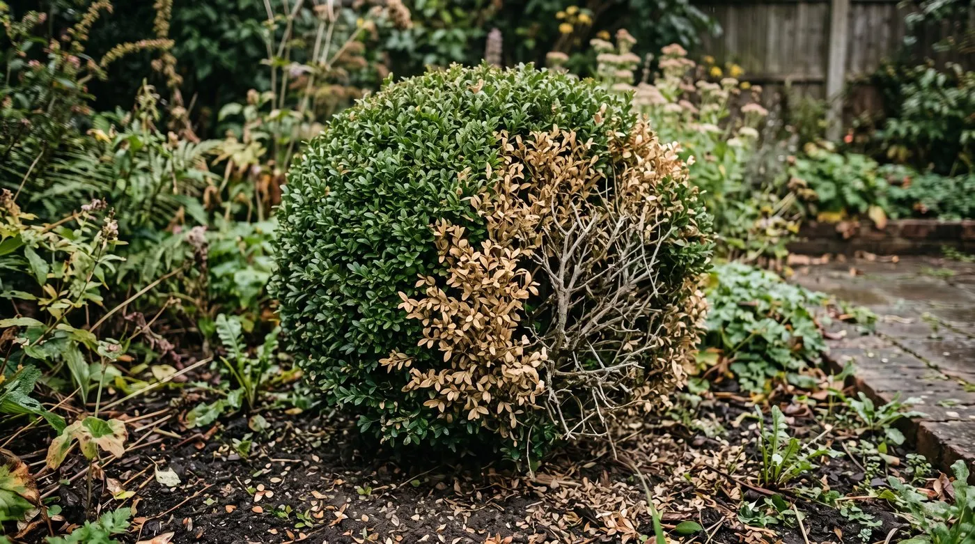 Clipped box ball with brown patches and bare twigs from box blight on one side