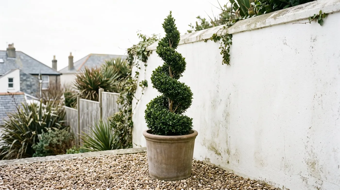 Box spiral topiary in a large pot with an even groove winding from base to tip